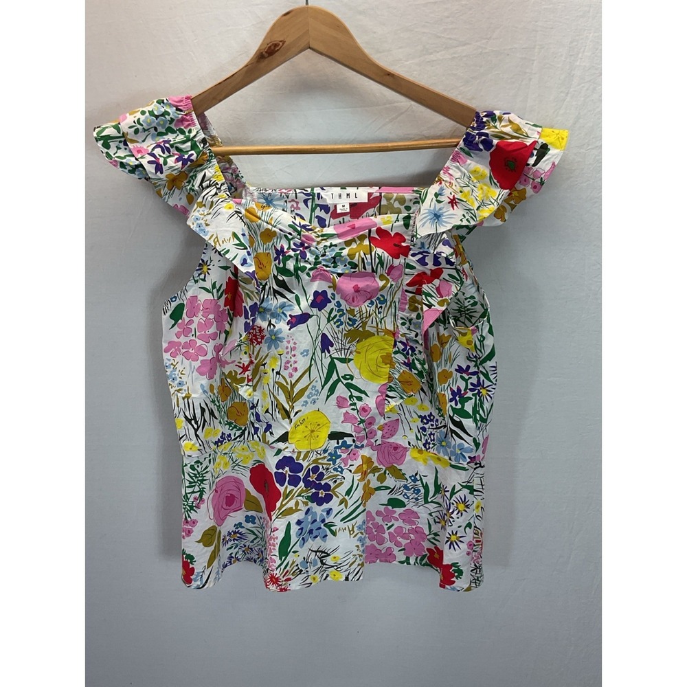 THML Women's Bright‎ Floral Peplum Top Size M Ruffle Spring Easter Casual Party
